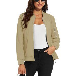 Women's Casual Jacket Bomber Jackets 5 Pockets Windbreaker Zip-Up Spring Khaki